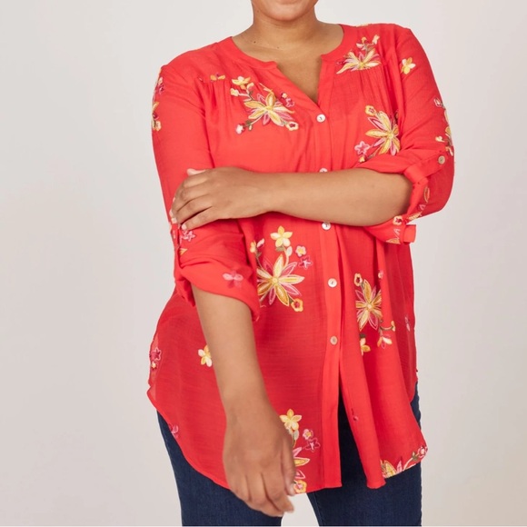 Figueroa & Flower Dress Barn Floral Embroidered Button Front‎ Tunic Blouse Plus - Picture 2 of 9